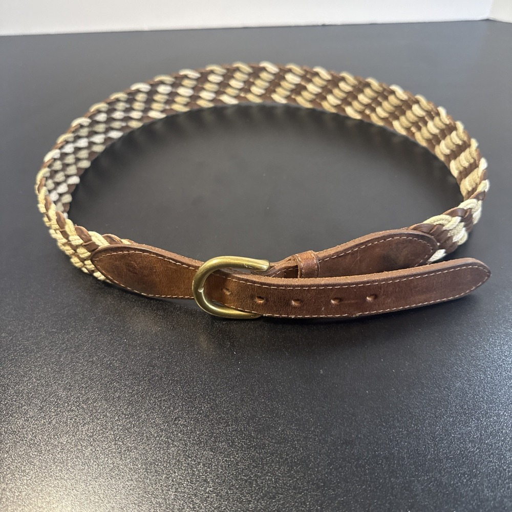 VTG  Lands‎  End Ivory Brown Woven Belt Leather  506 USA Brass Buckle Size 32